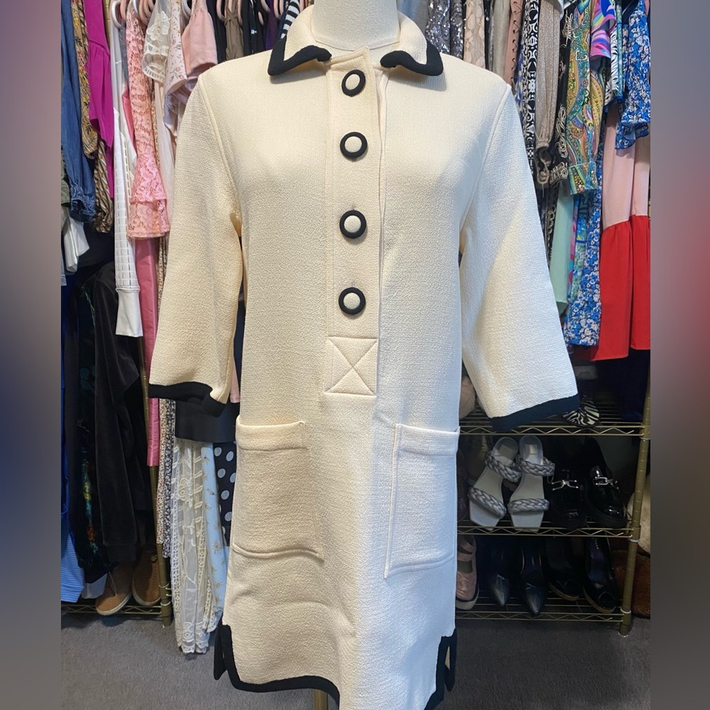 Vintage Dovima Paris Mod Cream Knit Shirtdress Tunic Shift with Contrast Trim